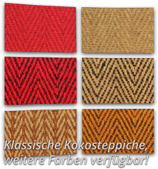 Bilder von verschiedenen Teppichmustern, Kokosteppiche mit Fischgratbindung in verschiedenen Farben.